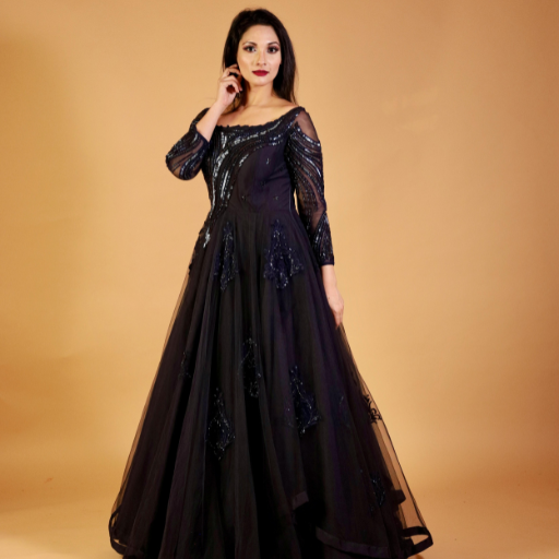 Black Rayon Printed Gown